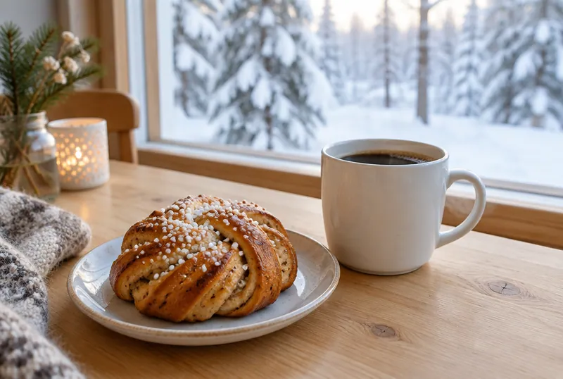 Kahvi ja pulla ikkunapöydässä